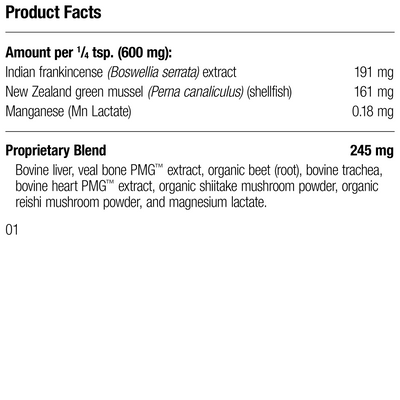 A bottle of Canine Musculoskeletal Support, a powder supplement for dogs’ muscles, ligaments and bone health, next to an image of the powder supplement.